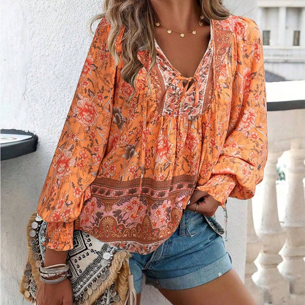 Boho Floral Print Tie Neck Lantern Sleeve Blouse